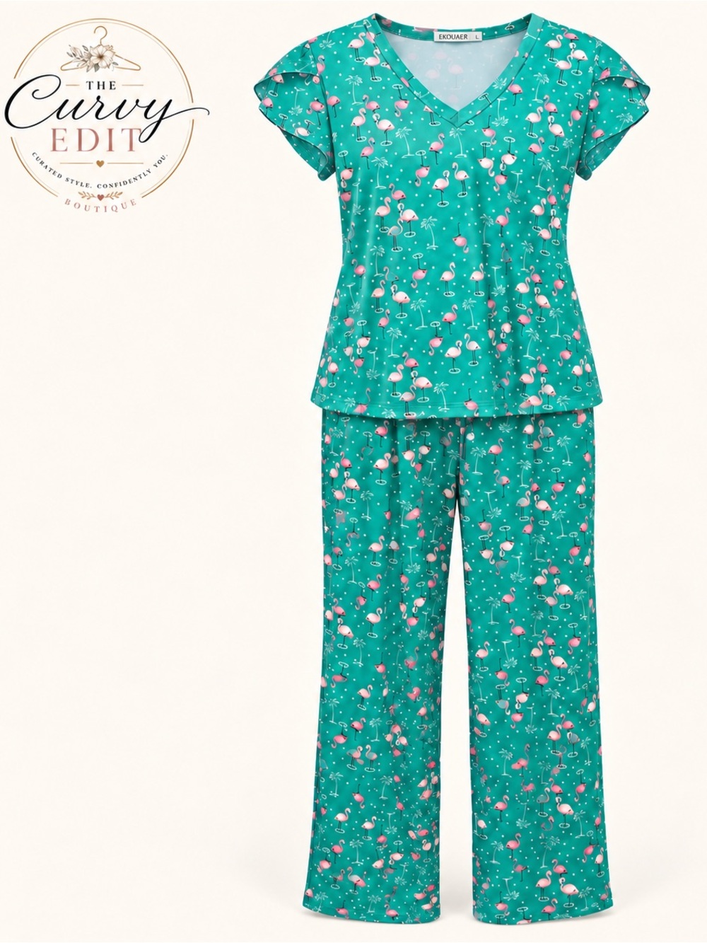 Ekouaer Large Teal Pink Flamingo Pajama Set Tropical Coastal Loungewear